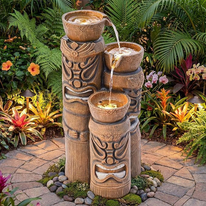 31" H Tiki Statue Outdoor Water Fountain with LED Lights | Unique 3-Tier Tropical Resin Water Feature with Soothing Cascading Waterfall for Patio, Backyard, Garden or Porch