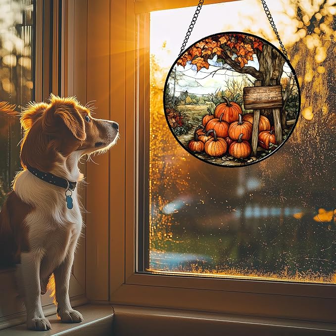 DASTOLL Stained Glass Window Hanging Fall Farm Scenery Maple Trees Pumpkin Large 15" - Suncatcher Door Garden Kitchen Sun Catcher Autumn Decor Birthday for Mom Nana Men Woman Friend