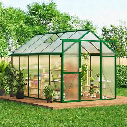 6X8 ft Greenhouse, Greenhouses for Outside, Aluminum Frame Polycarbonate Panels with Sliding Lockable Door and Ajustable Roof Vent, Spacious Walk-in Design for Backyard, Garden, Patio, Green