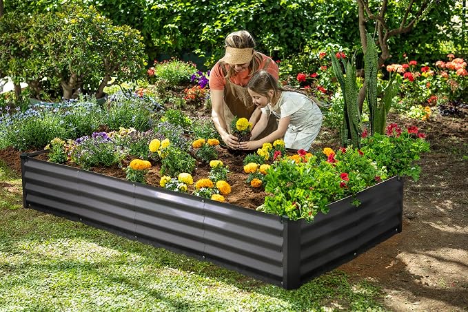 Plant & Plot Galvanized Raised Garden Beds Outdoor // 6×3×1 ft (2-Pack) Planter Raised Beds for Gardening, Vegetables, Flowers // Large Metal Garden Box // Patented Tool-Free Design (Dark Gray)