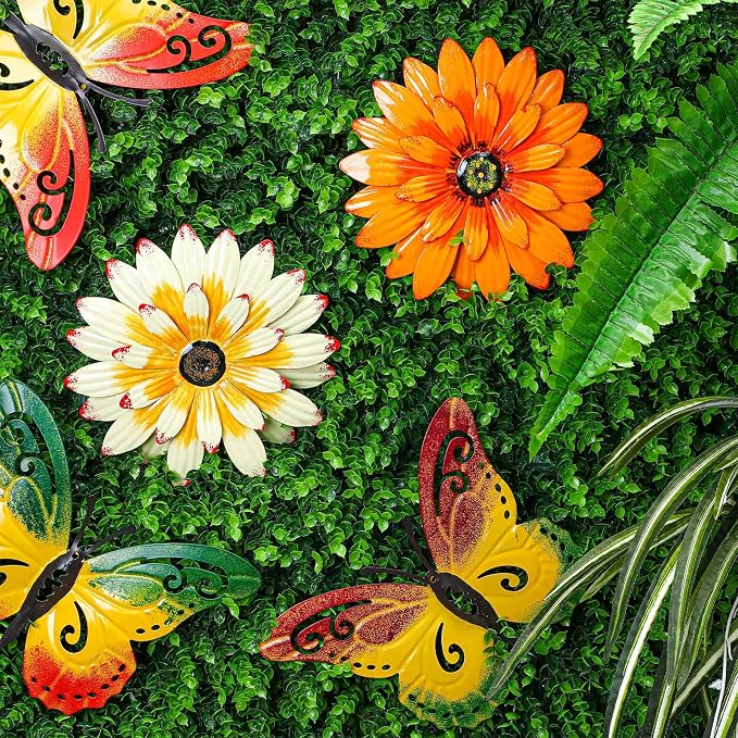 Zhehao 6 Pcs 9.5'' Metal Butterfly Wall Decor 7.8'' Metal Flowers Outdoor Wall Decor Sunflower Outdoor Art Fence Art Decorations for Garden Bedroom Bathroom Decorations