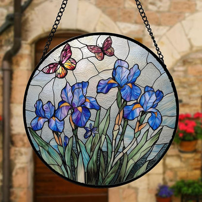 DASTOLL Stained Glass Window Hanging, Blue Iris Flowers Butterfly Suncatcher Diamond Colorful Glass Panel Sun Catchers Decor for Birthday for Women, Men, Wife, Aunt, and Mom 11.8 in