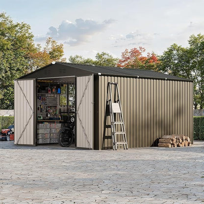 10X12 FT Storage Shed，Lockable Gable Roof Garden Shed with Grid Window, All-Weather Resistant Storage Unit for Bikes, Ladders, Patio Supplies & Garden Essentials