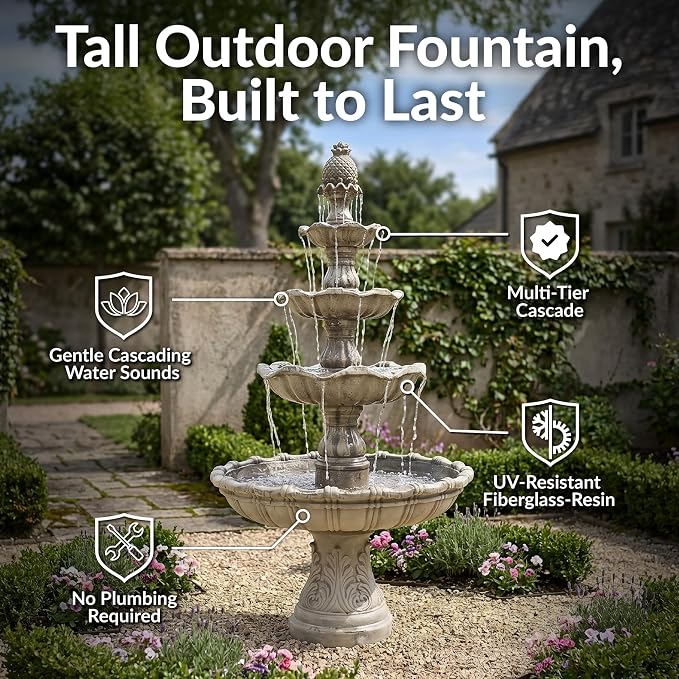 Sunnydaze Grand Courtyard 4-Tier Large Outdoor Water Fountain - 80" Tall Outdoor Fountain - Tiered Electric Garden Water Feature for Patio, Backyard, or Yard - Faux Stone Resin - Earth