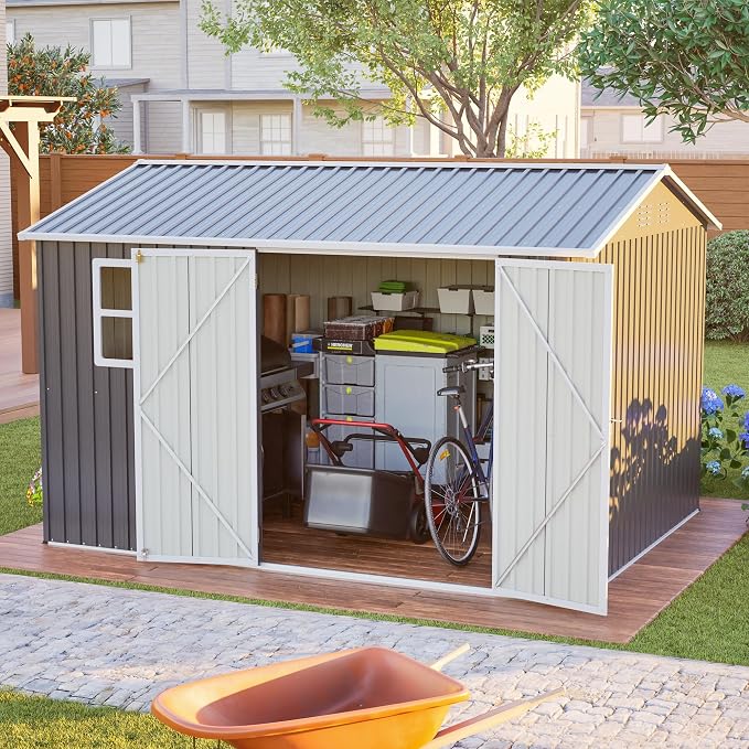 YOPTO 10x8 FT Large Outdoor Storage Shed with Window, 2 Lockable Doors & Sloped Roof, Heavy Duty Metal Tool Shed for Garden, Patio, Backyard, Lawn, Dark Gray