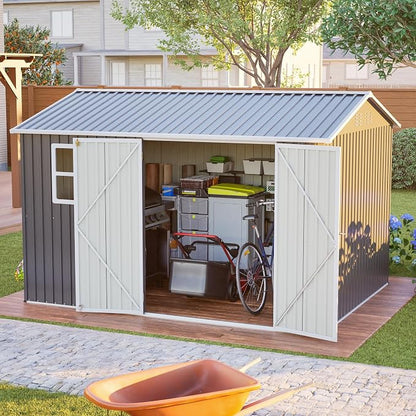 YOPTO 10x8 FT Large Outdoor Storage Shed with Window, 2 Lockable Doors & Sloped Roof, Heavy Duty Metal Tool Shed for Garden, Patio, Backyard, Lawn, Dark Gray