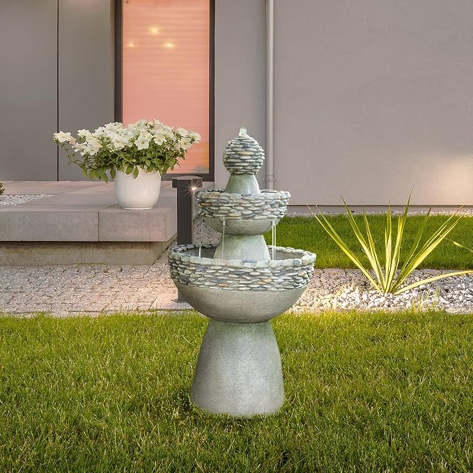 Teamson Home 36.5 in. Outdoor 3-Tier Zen-Style Pedestal Water Fountain in. with Stone Trim with Pump and 2.64 Gallon Capacity, Stone Gray | 3-Tier Garden Fountain, Stone Look, With Pump, Pedestal Waterfall Feature