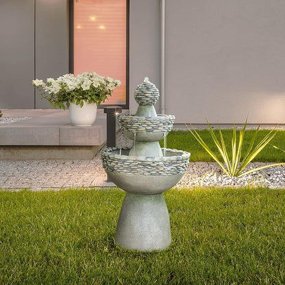 Teamson Home 36.5 in. Outdoor 3-Tier Zen-Style Pedestal Water Fountain in. with Stone Trim with Pump and 2.64 Gallon Capacity, Stone Gray | 3-Tier Garden Fountain, Stone Look, With Pump, Pedestal Waterfall Feature