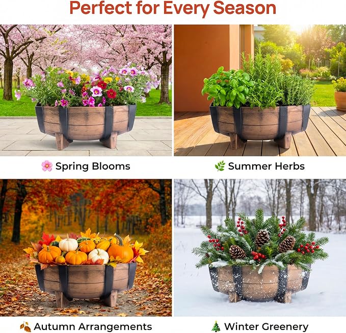 Gardenised 2-Piece Rectangular Half Barrel Flower Pots Rustic Farmhouse Style Faux Wood Planter Containers for Indoor & Outdoor Use Perfect for Displaying Decorative Garden Florals Herbs & Succulents