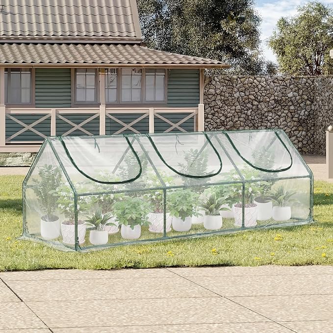 Aoodor 9 x 3 x 3 ft Mini Greenhouse with 3 Zipper Doors, Water-Resistant, UV-Protected for Flowers, Vegetables, and Herbs, Transparent