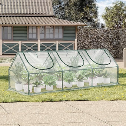 Aoodor 9 x 3 x 3 ft Mini Greenhouse with 3 Zipper Doors, Water-Resistant, UV-Protected for Flowers, Vegetables, and Herbs, Transparent