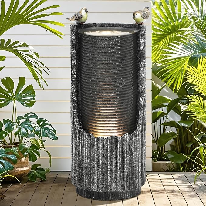Autodaya Outdoor Water Fountain 32" Distressed Fluted Column with Lights | polyresin concrete-inspired water feature with bird sculpture, gentle cascading flow for garden, patio, deck or yard oasis