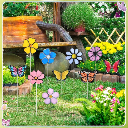 10 Pcs Metal Flower Garden Stake for Outside Outdoor 11.8" 5D Summer Flowers Butterfly Metal Sign Waterproof Decoration Landscape Ornament for Lawn Yard Garden Patio Porch Art