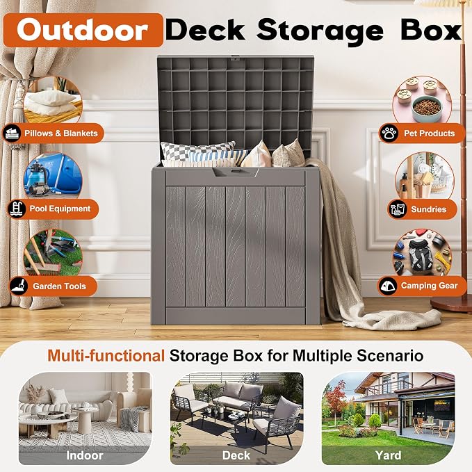 Outdoor Storage Box, Resin Deck Boxes Indoor and outdoor, Waterproof Storage Box Lockable Lid (Grey,32 Gallon)