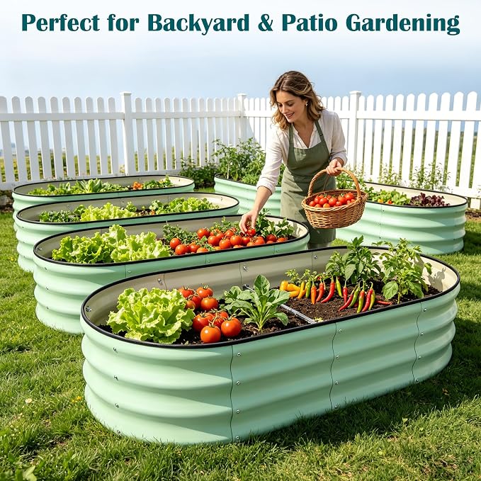 Metal Raised Garden Bed, 4 x 2 ft Extra Large Oval Galvanized Steel Raised Planter Box, Garden Bed for Vegetables Herbs Flowers Fruit, Outdoor Backyard Weather Resistant, Rustproof, Mint Green