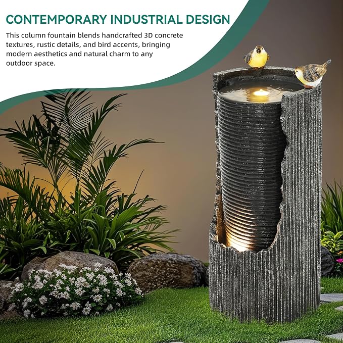 32" Cracked Jar Outdoor Water Fountain LED Bird Cascading Waterfall | 3D concrete texture, bird accents, garden patio deck,Oasis for Porch