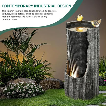 32" Cracked Jar Outdoor Water Fountain LED Bird Cascading Waterfall | 3D concrete texture, bird accents, garden patio deck,Oasis for Porch