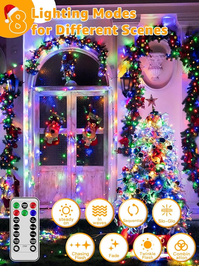 BrightChristmas 500 LED 164 FT Christmas Lights, Waterproof Outdoor String Lights with Remote and Timer, Christmas Tree Lights with 8 Modes Dimmable, Fairy Lights for Holiday Decor (Multicolor)