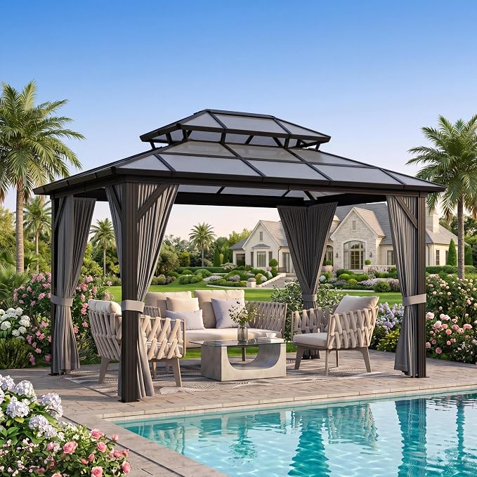 GAOMON 10'x12' Hardtop Gazebo with Polycarbonate Double Roof, Durable Aluminum Frame, Weatherproof & UV Protection for Garden, Patio, Lawn