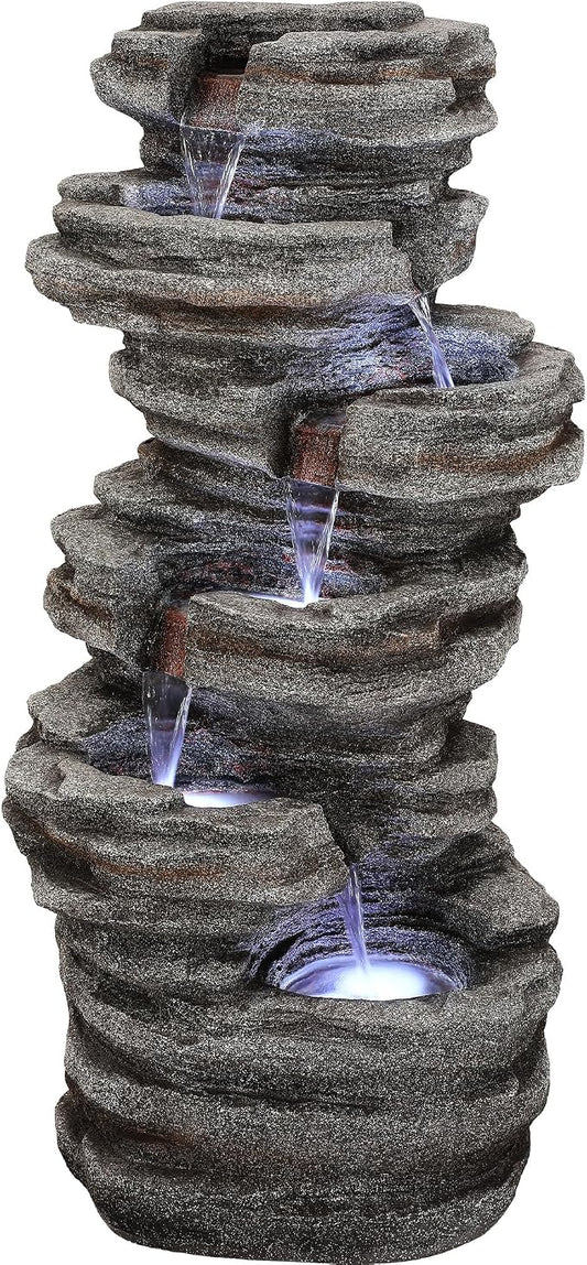 Extra-Large Rock Outdoor Water Fountain with LED Lights | 6-Tier Cascading Waterfall for Garden Patio Porch, Weather-Resistant Polyresin Water Feature for Tranquil Oasis