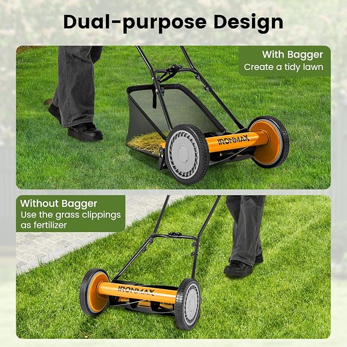 Goplus Manual Lawn Mower, 16 Inch 5-Blade Walk-Behind Cordless Grass Cutter with 7 Gallon Removable Grass Collect Bag, Adjustable Cutting Heights, Push Reel Lawn Mower for Yard, Garden