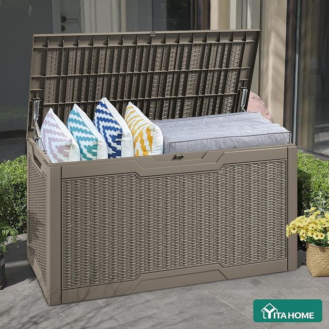 YITAHOME 100 Gallon Large Resin Deck Box Outdoor Storage Boxes for Patio | Outdoor Cushions, Garden Tools and Pool Supplies-Waterproof,Lockable (Taupe)