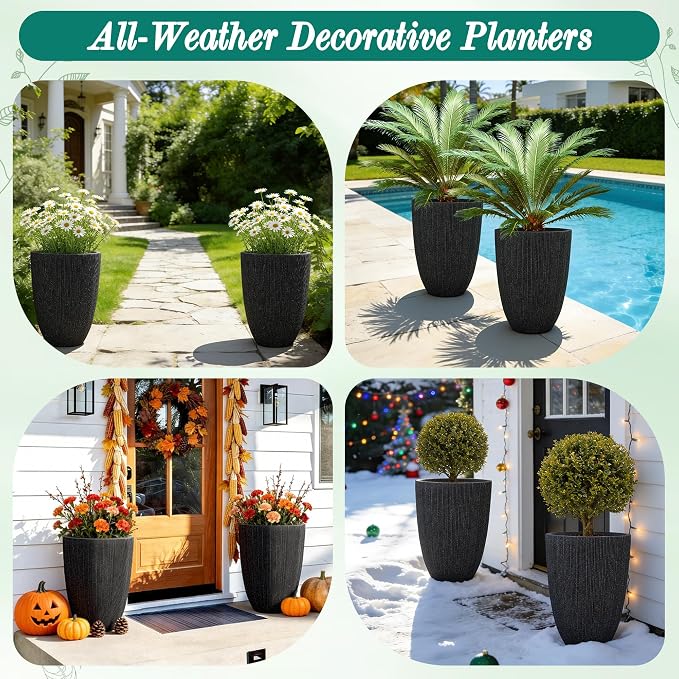 19" Black Concrete-Look Resin Tall Planters with Fluted Texture | Set of 2 resin tall planters with black fluted texture, drainage holes, and UV-resistant finish for porch or patio