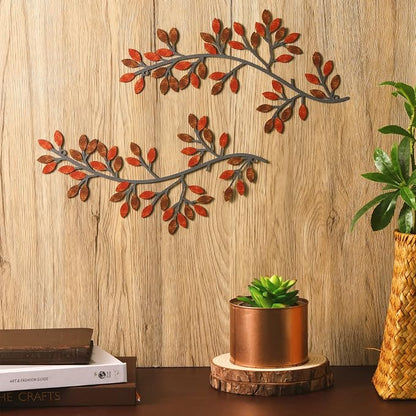 Hotop 2 Pieces Metal Tree Leaf Wall Decor Vine Olive Branch Leaf Wall Art Wrought Iron Scroll Sculptures Above the Bed, Living Room, Outdoor Decoration(Classic Style,Rusty Color)