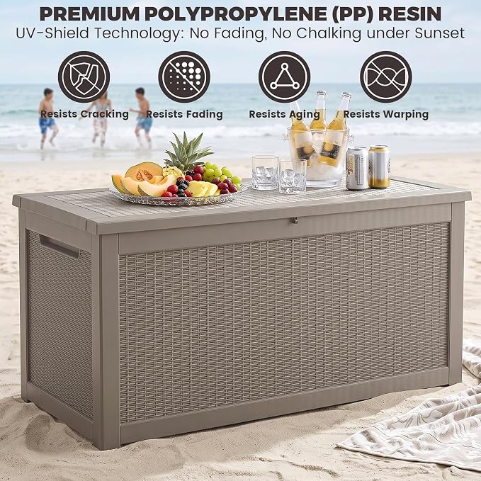 Outdoor Storage Box, 320 Gallon Waterproof Deck Box [Upgraded 3.1], Giant Resin Storage for King Cushions, Lockable Bench Chest, Estate Yard Garden BBQ Gathering, Grey