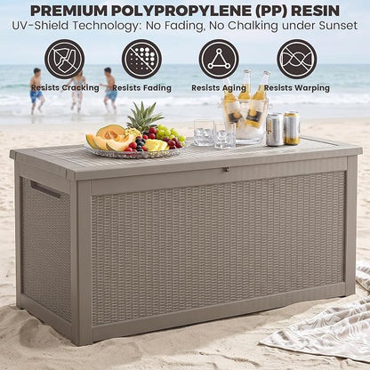 Outdoor Storage Box, 320 Gallon Waterproof Deck Box [Upgraded 3.1], Giant Resin Storage for King Cushions, Lockable Bench Chest, Estate Yard Garden BBQ Gathering, Grey