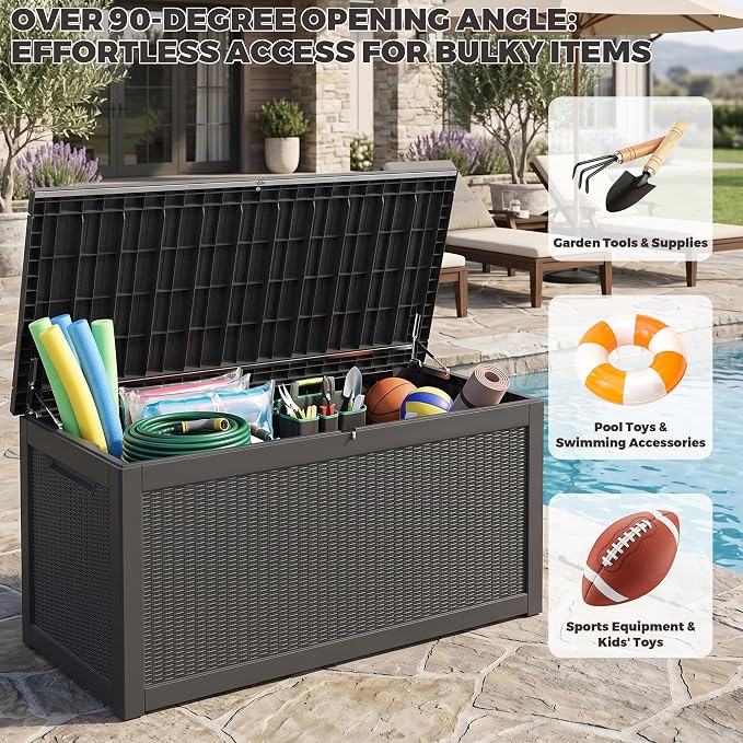 Outdoor Storage Box, 320 Gallon Waterproof Deck Box [Upgraded 3.1], Giant Resin Storage for King Cushions, Lockable Bench Chest, Estate Yard Garden BBQ Gathering, Black