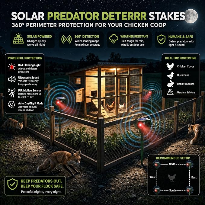 Solar Ultrasonic Animal Repeller with Red&Blue Light for Gardens, Farms and Courtyards, Outdoor Sonic Fortress Pro Deterrent for Deer, Raccoons, Squirrels, Cats, Rabbits, Skunks, Foxes & More(4Pack)