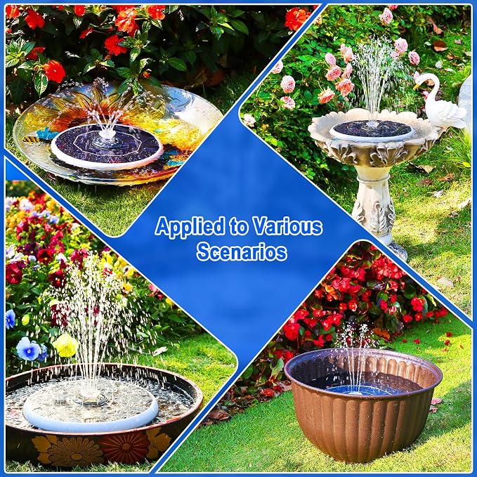 AISITIN 6.5W Solar Fountain for Bird Bath with 3000mAh Battery & Color Changing LED Light, 4 Anti-drift Brackets & 8 Nozzles, Solar Powered Bird Bath Fountain for Garden, Backyard, Fish Tank and Patio