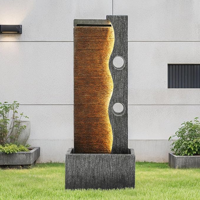 AUTODAYA 39" Modern Zen Outdoor Water Fountain LED Cascading Waterfall | Tranquil Water Feature for Patio, Garden, Deck or Porch