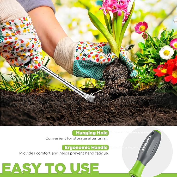 WORKPRO 11.5" Dandelion Weeder Puller Tool with Soft Handle | Polished Stainless Steel Garden Weed Remover Tool, Two-Pronged Fork Weeder Tool for Lawn Farmland Transplant Gardening