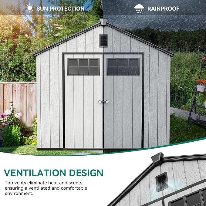 YITAHOME 8x10 FT Outdoor Storage Shed with Floor, Extra Thick Plastic Garden Shed for Bikes, Tools and Pool Supplies, Resin Storage Shed with Door, Window Insert & Vents for Patio Lawn Backyard, Gray