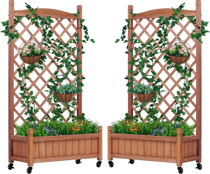 Raised Garden Bed with Trellis Set of 2, Outdoor Wood Planter Box & Plant Stand with Climbing Racks