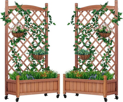 Raised Garden Bed with Trellis Set of 2, Outdoor Wood Planter Box & Plant Stand with Climbing Racks