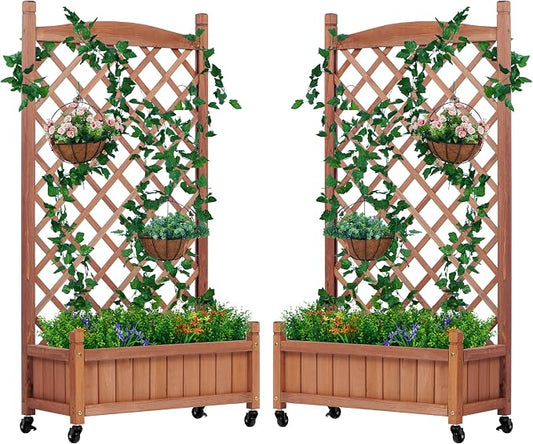 Raised Garden Bed with Trellis Set of 2, Outdoor Wood Planter Box & Plant Stand with Climbing Racks