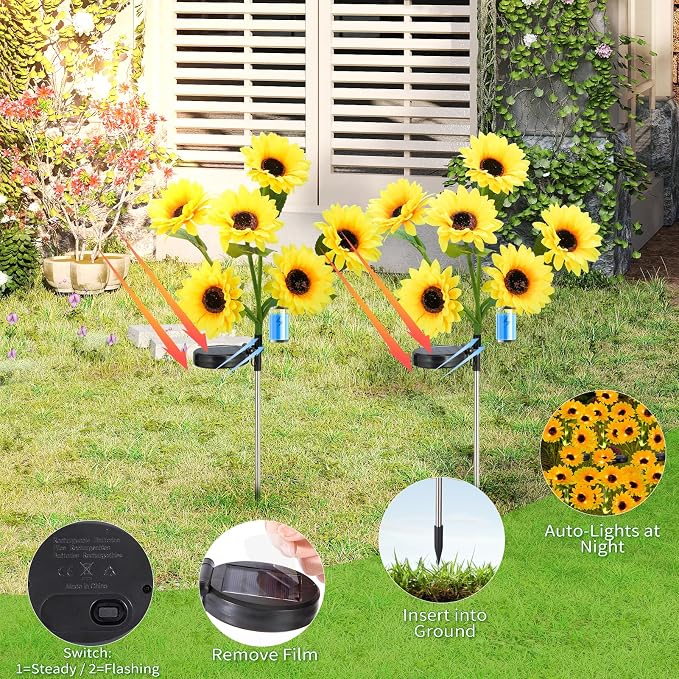 6-Pack Solar Sunflower Garden Decor, 36 LED Flower Stake Lights - Waterproof Long-Lasting Outdoor Solar Patio Decor for Lawn, Yard & Pathway