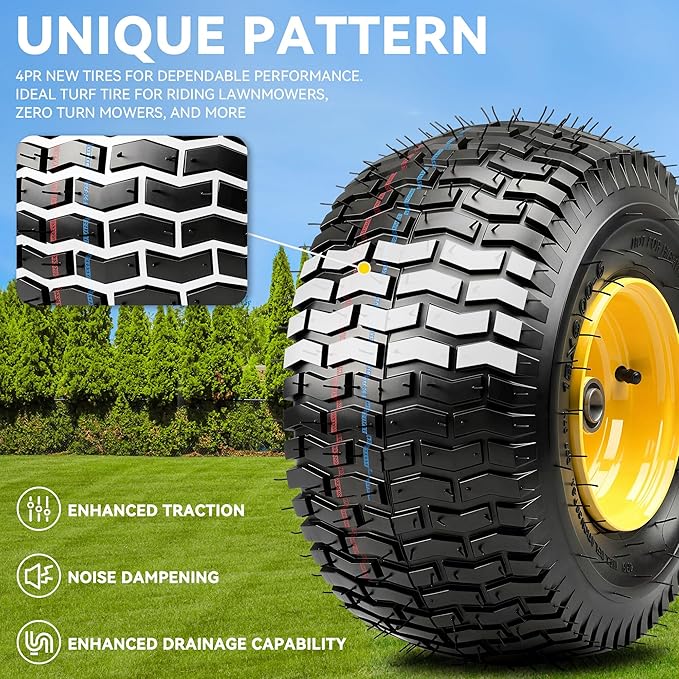 YITAMOTOR 15x6.00-6 Flat Free Lawn Mower Tires & Wheel Assemblies, 4 Ply Pneumatic Front Tires Replacement Fits John Deere, Lawn Tractors, More Riding Mowers | 3" Offset Hub, 3/4" Bearings (2 Pack)