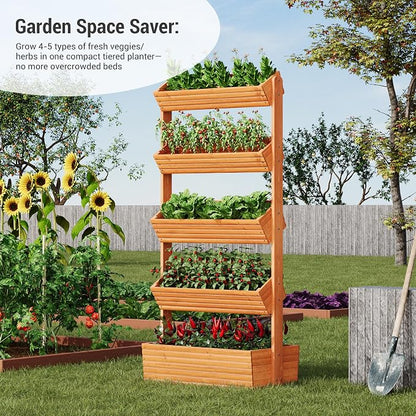 Vertical Wooden Raised Garden Bed Planters Wood Planter Kit Plant Stand Flower Rack Planter Box Gardening for Plants Herbs Flowers Vegetables Outdoor Indoor Freestanding (Orange 5-Tier)
