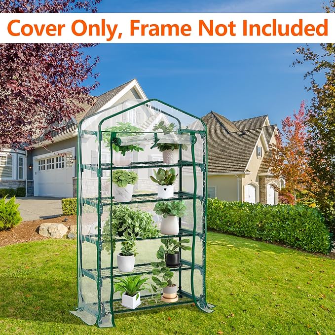 DECOHS Extra Wide 5 Tier Greenhouse Replacement Cover- 75 x 40 x 19 Inch Clear PVC Plant Gardening Greenhouse Cover with Roll-Up Zipper Door for Gardening Plants Flowers (Frame Not Include)