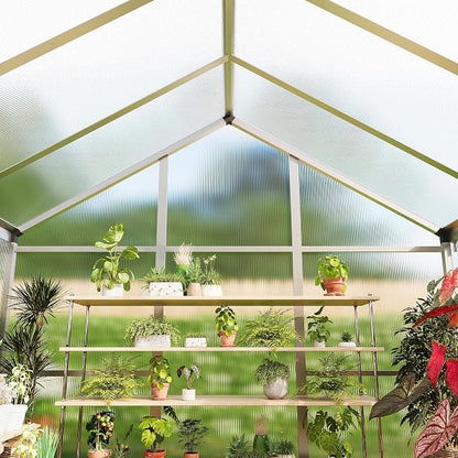 6x10 FT Greenhouse, Outdoor Sliding Door, Polycarbonate Greenhouse with Aluminum Frame, Lockable Door and Ajustable Roof Vent for Backyard, Outside Garden Backyard, Patio, Silver