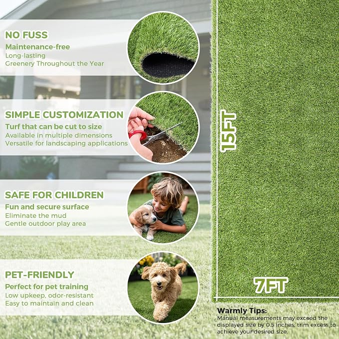 Artificial Grass Rug Indoor Outdoor, 7 x 15FT Faux Grass Turf with Drainage Holes, Realistic Artificial Lawn Rug Dog Pets Mat, Turf Carpet for Garden Lawn Landscape Balcony Patio Backyard Decor