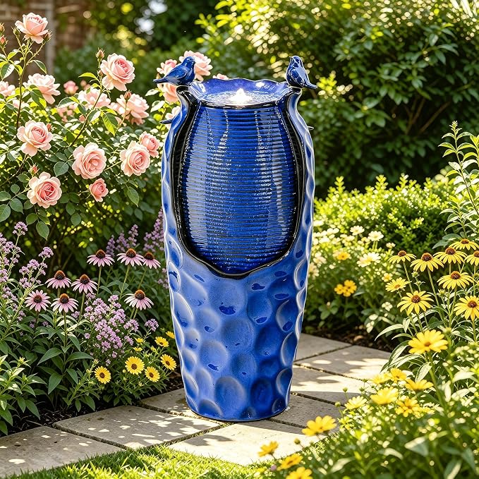 Autodaya 33" Vase Ceramic Outdoor Water Fountain with Lights and Birds | cobalt blue glazed water feature with textured design, ambient soothing cascading water flow for garden patio yard sanctuary
