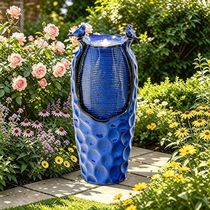 Autodaya 33" Vase Ceramic Outdoor Water Fountain with Lights and Birds | cobalt blue glazed water feature with textured design, ambient soothing cascading water flow for garden patio yard sanctuary