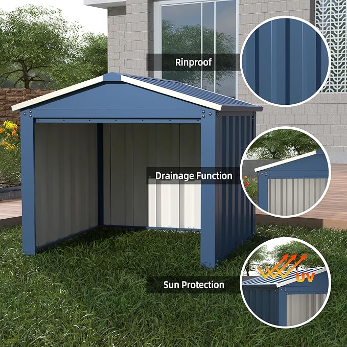 REEMOON 3x3 FT Metal Robot Mower Garage, Small Outdoor Shed, Blue | Open-front metal shelter for robot mowers, garden tools, trash bins, and small backyard equipment; assembly required.