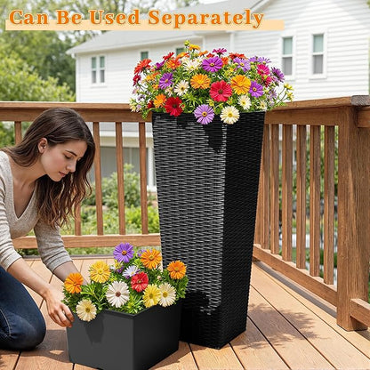 Greesum 32 Inch Tall Plastic Planters (Set of 2), Extra Large Outdoor Flower Pots with Detachable Inner Pot & Drainage Holes for Large Plants, Trees, Patio, and Garden, Black