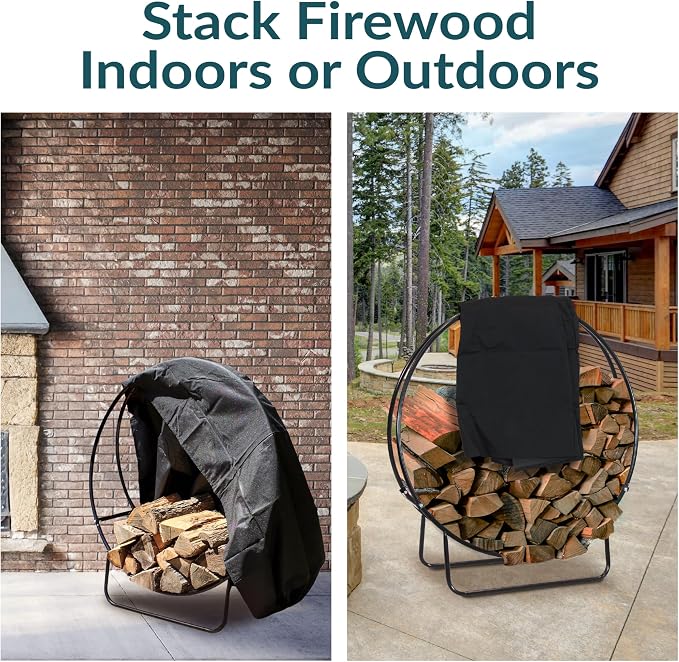 Sunnydaze 48-Inch Firewood Rack with Cover - Black Indoor Firewood Holder - Log Holder Hoop and Cover Set - 700-lb Capacity